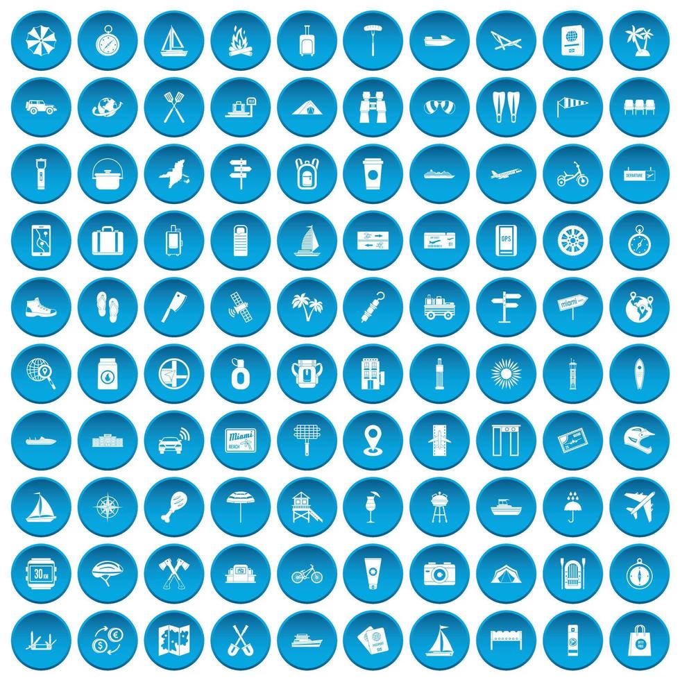 100 iconos de viaje conjunto azul vector