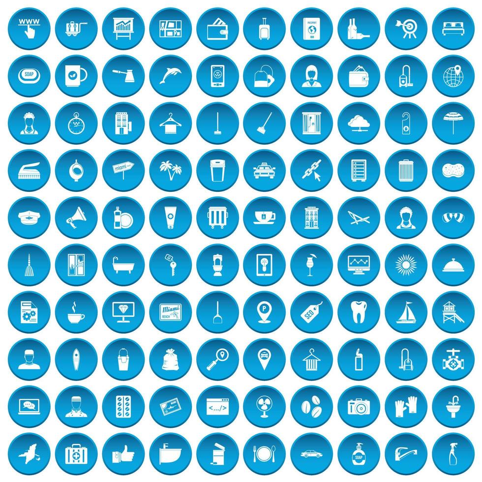 100 hotel services icons set blue vector