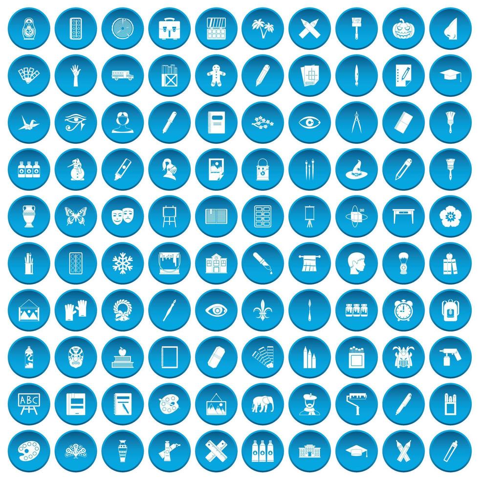 100 iconos de la escuela de pintura conjunto azul vector