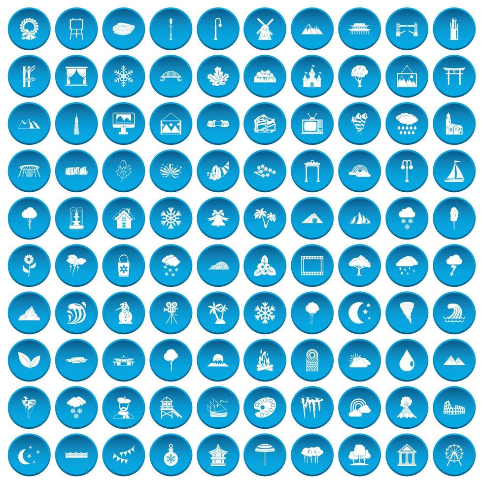 100 scenery icons set blue vector