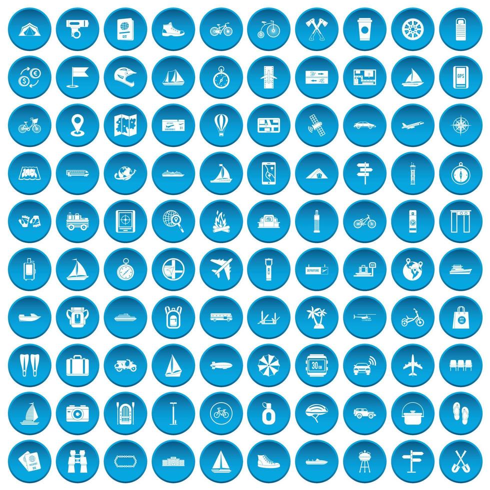 100 iconos de viaje conjunto azul vector