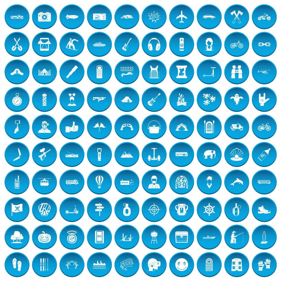 100 adventure icons set blue vector