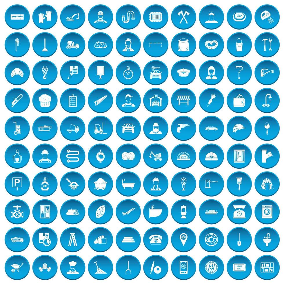 100 working professions icons set blue vector