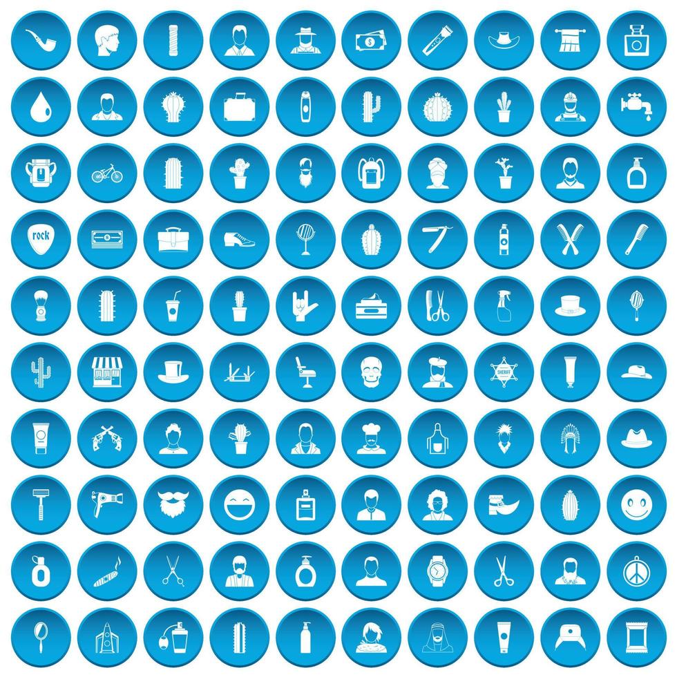 100 barber icons set blue vector