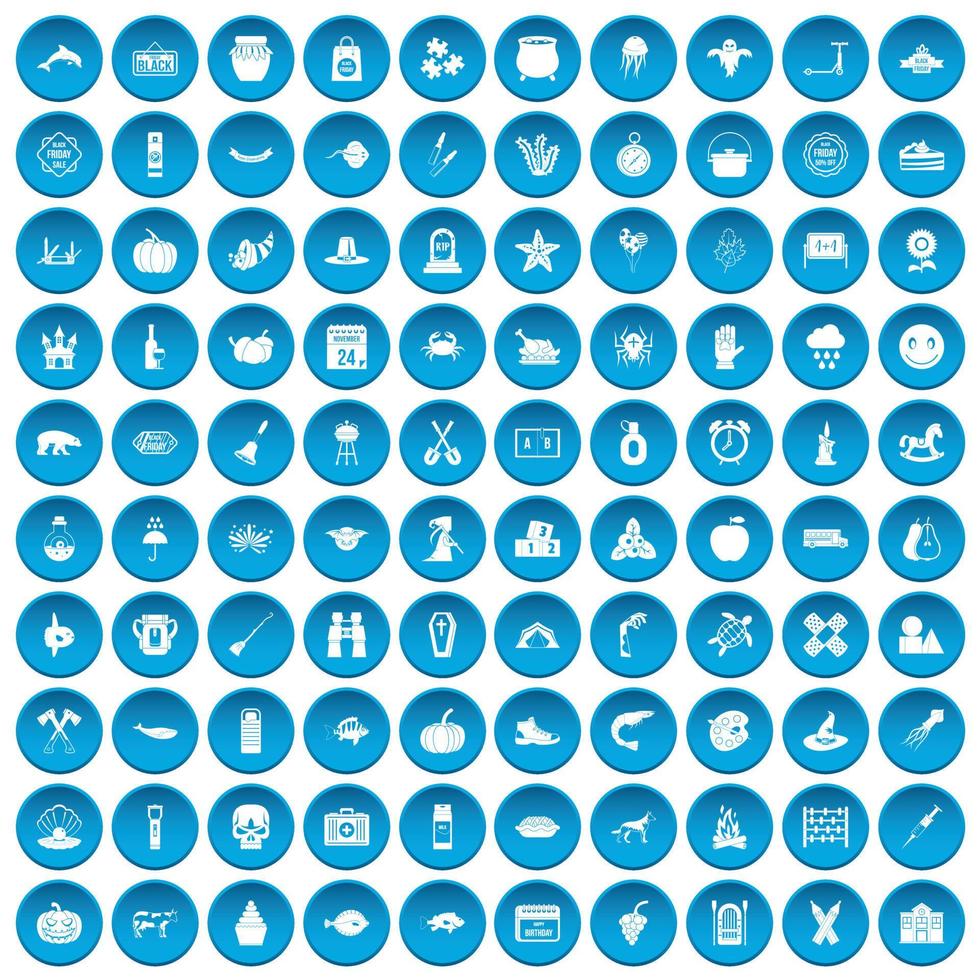 100 autumn holidays icons set blue vector