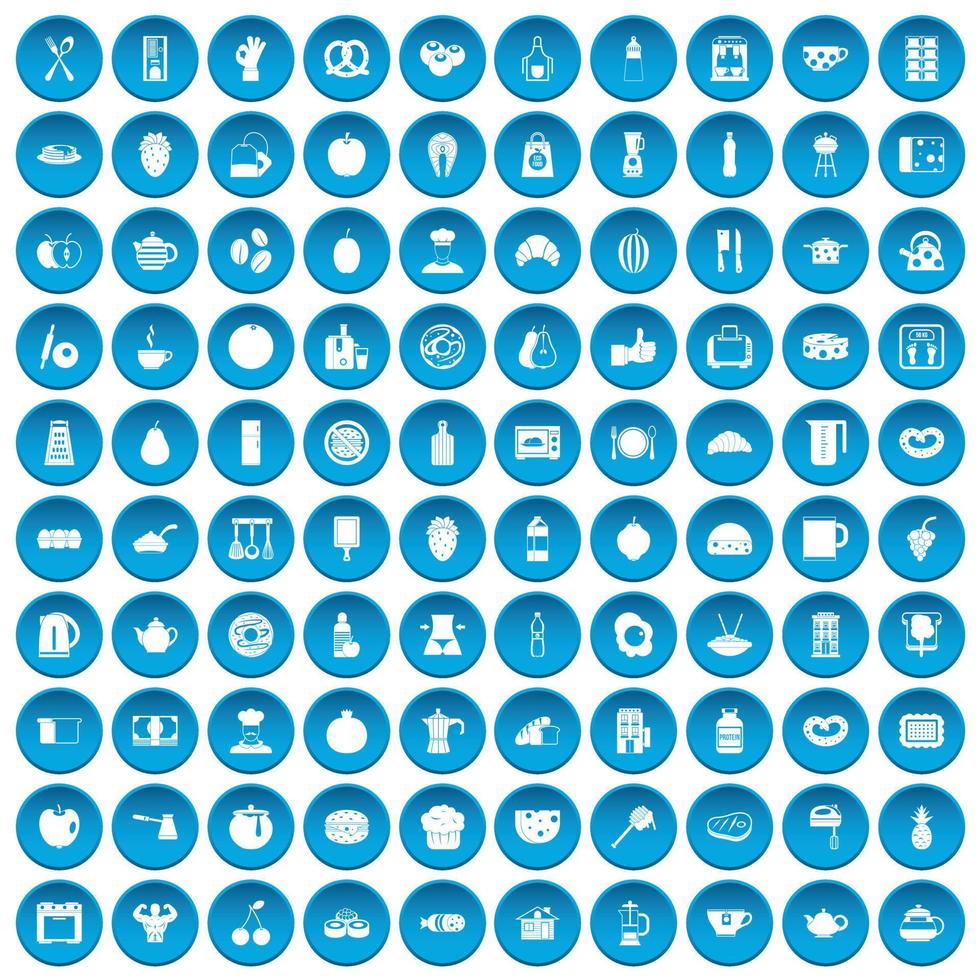 100 breakfast icons set blue vector