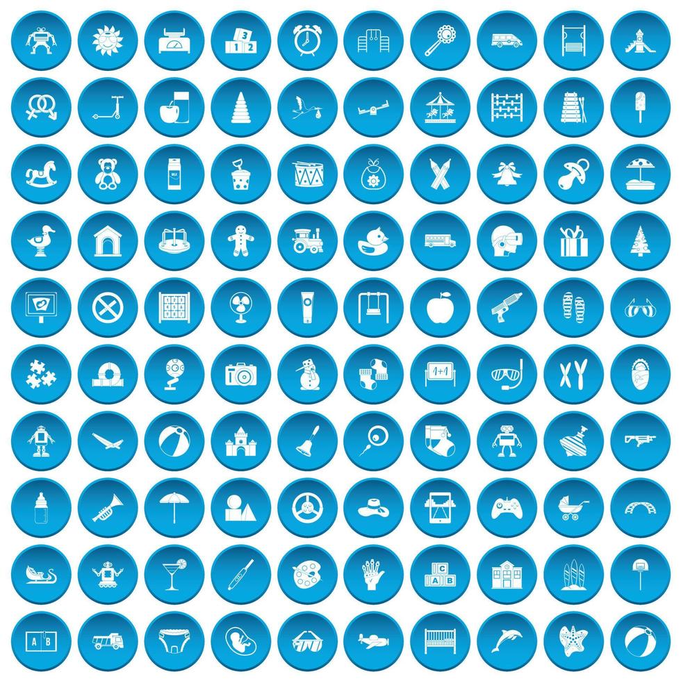 100 childhood icons set blue vector