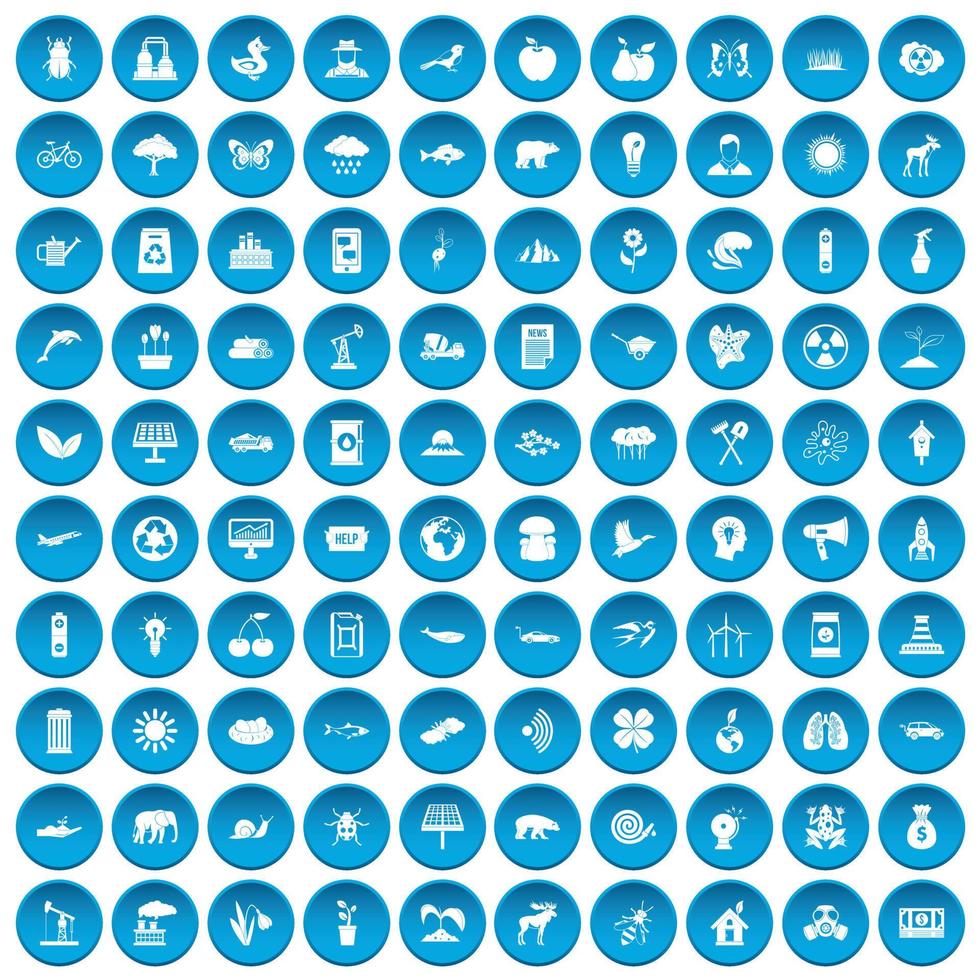 100 iconos de cuidado ecológico conjunto azul vector