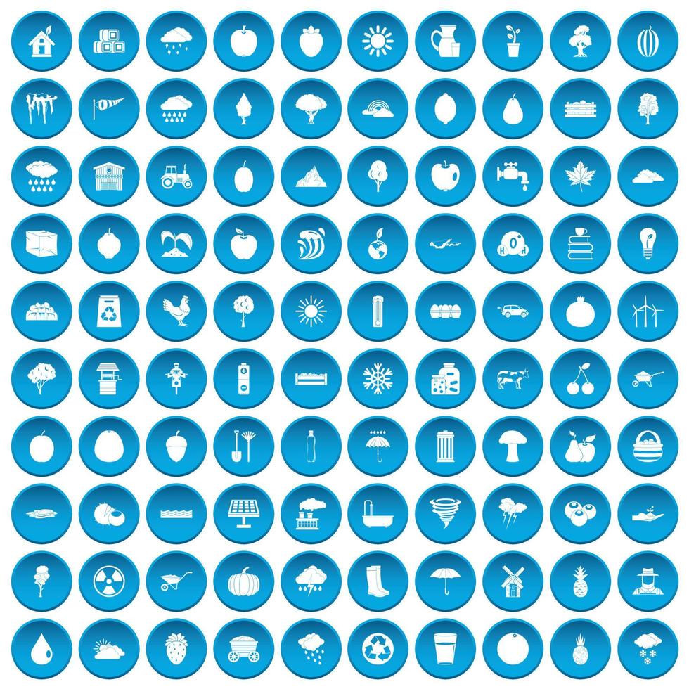100 fruit icons set blue vector