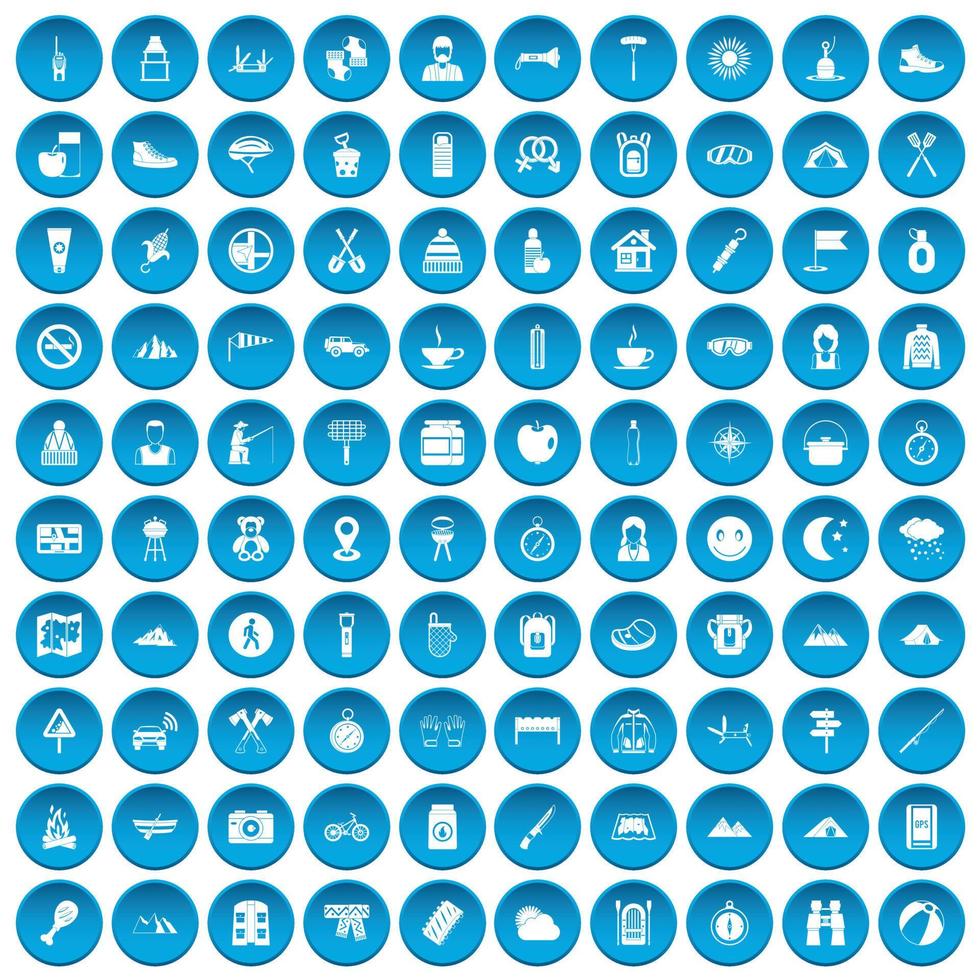 100 family camping icons set blue vector