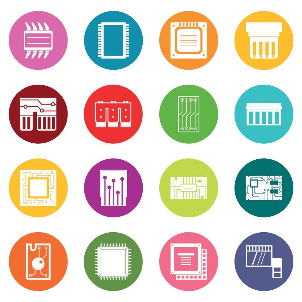 Computer chips icons many colors set vector