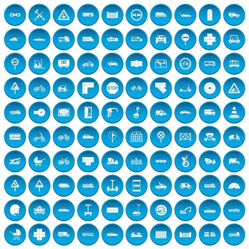100 road icons set blue vector