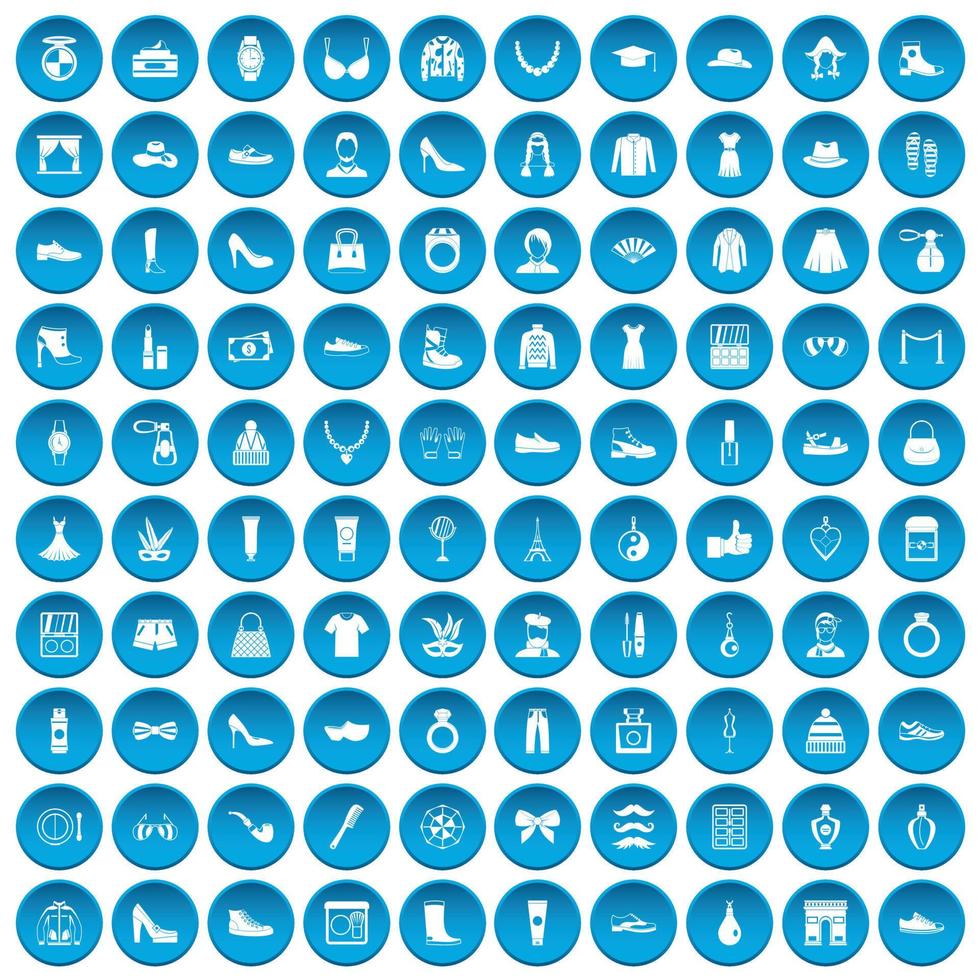 100 vogue icons set blue vector