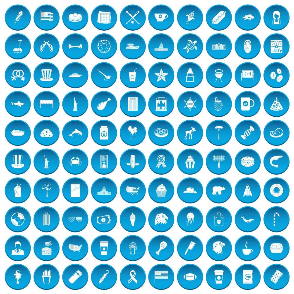 100 iconos de estados unidos conjunto azul vector