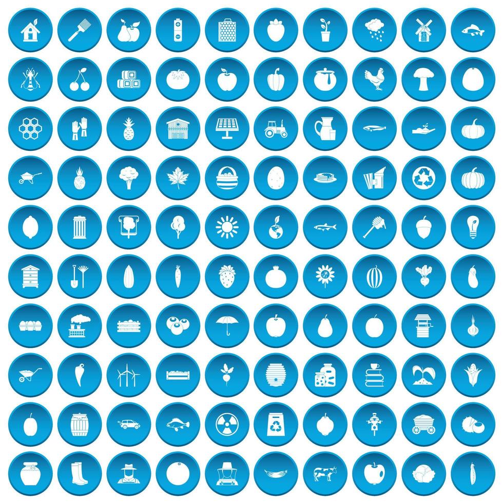 100 iconos de vitaminas conjunto azul vector