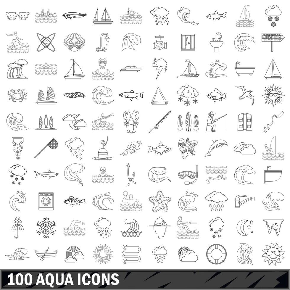 100 aqua icons set, outline style vector