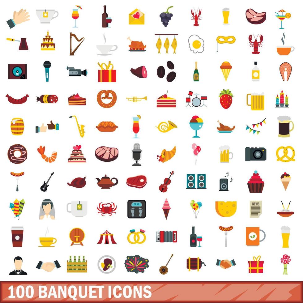 100 banquet icons set, flat style vector