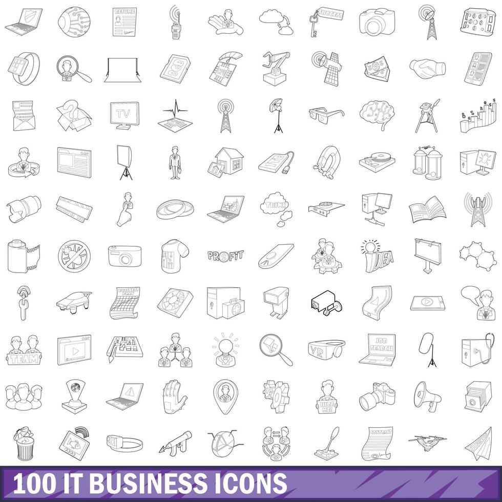 100 it business icons set, outline style vector