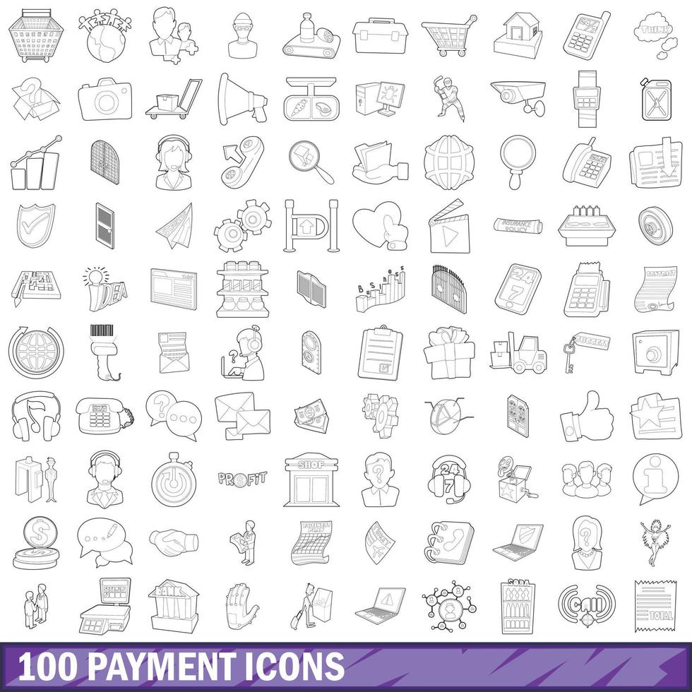 100 payment icons set, outline style vector