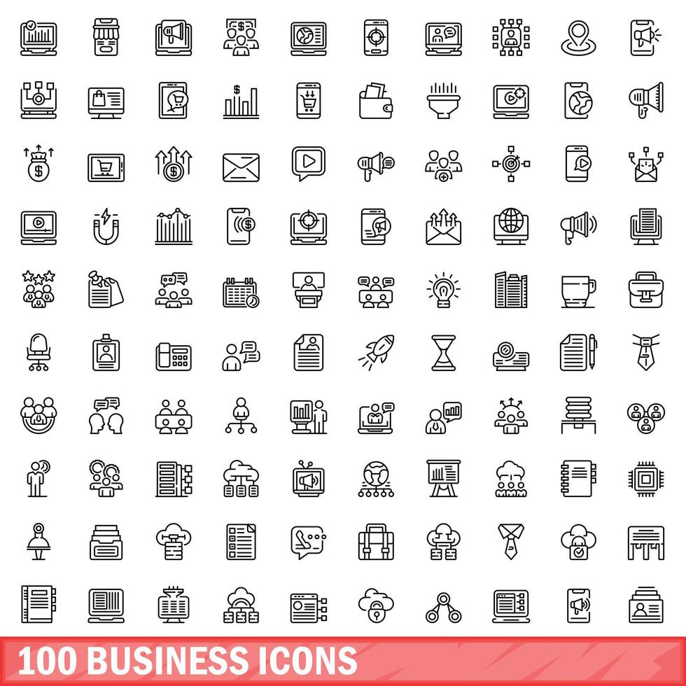 100 business icons set, outline style vector