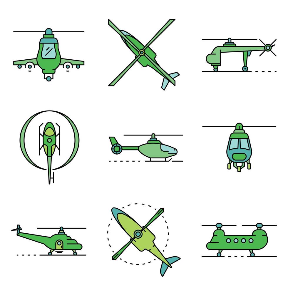 helicóptero, iconos, conjunto, línea, color, vector