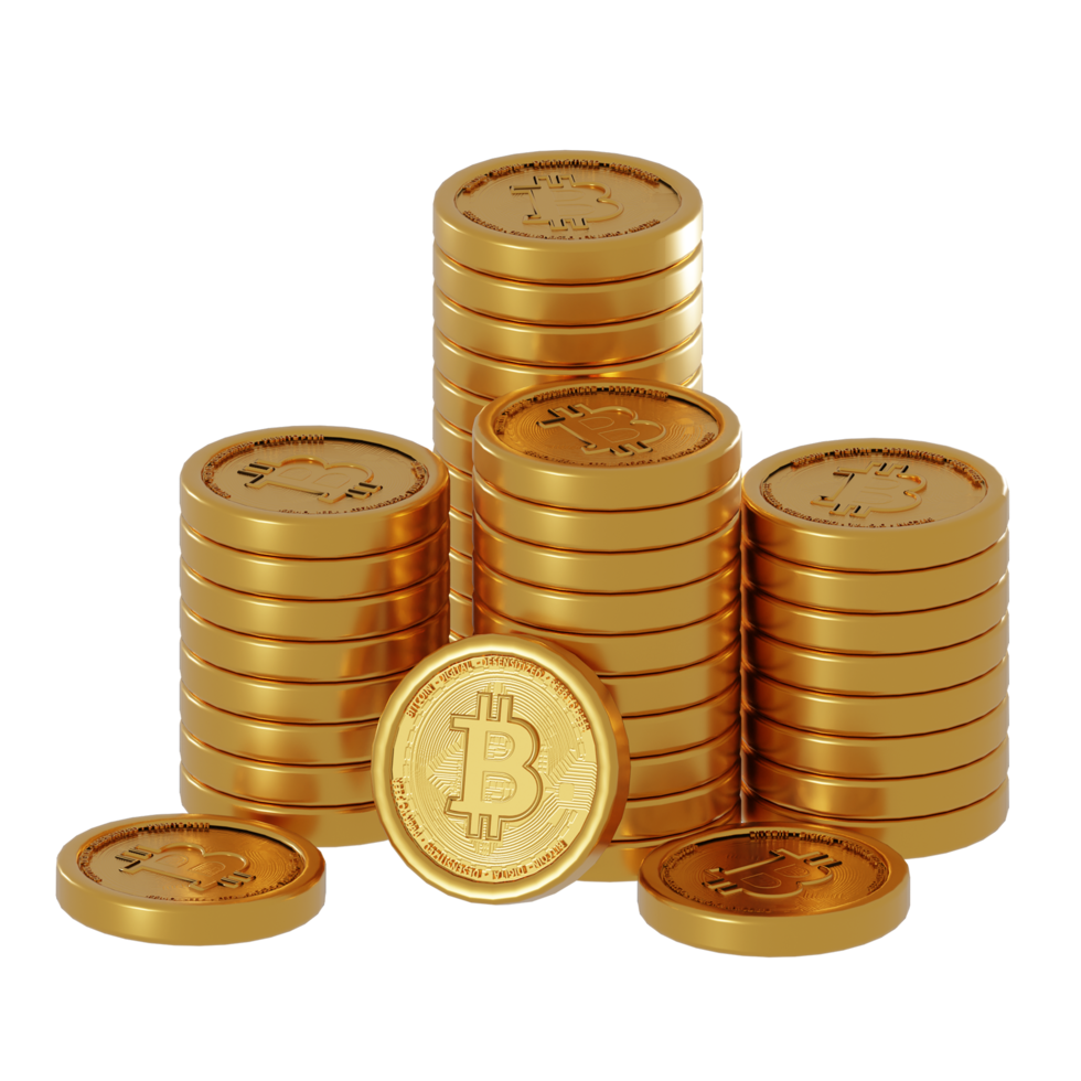 3d rendering of white background, bitcoin cryptocurrency blockchain technology stacked bitcoin coins png