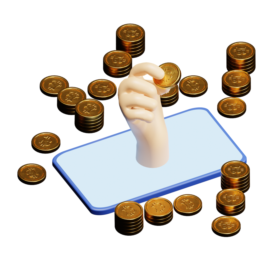 3D-Darstellung eines weißen Hintergrunds, Bitcoin-Kryptowährungs-Blockchain-Technologie, mit Händen aus mobilen Münzen png