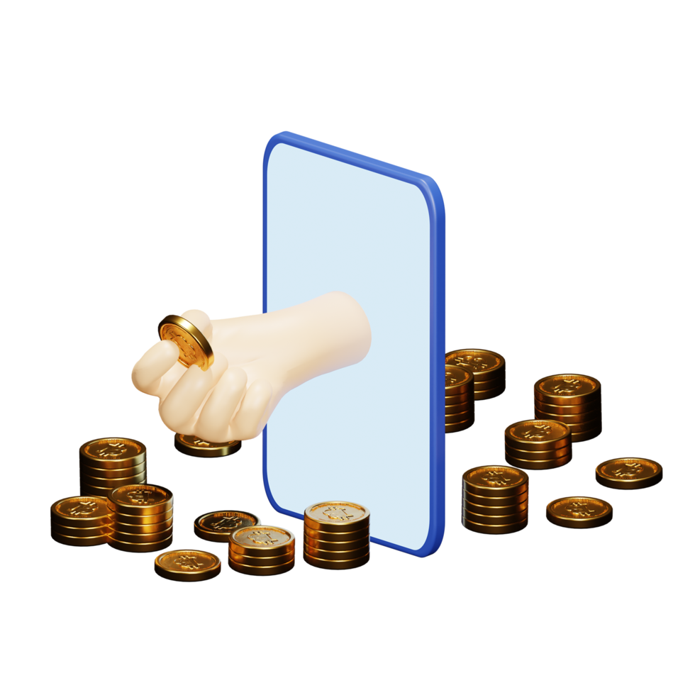 Rendering 3d di uno sfondo bianco, tecnologia blockchain di criptovaluta bitcoin, con le mani fuori dalle monete mobili png