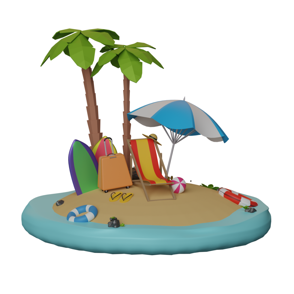 ilustración 3d del tema de la playa de vacaciones de verano con sillas de playa y pelota en una isla de arena tropical png