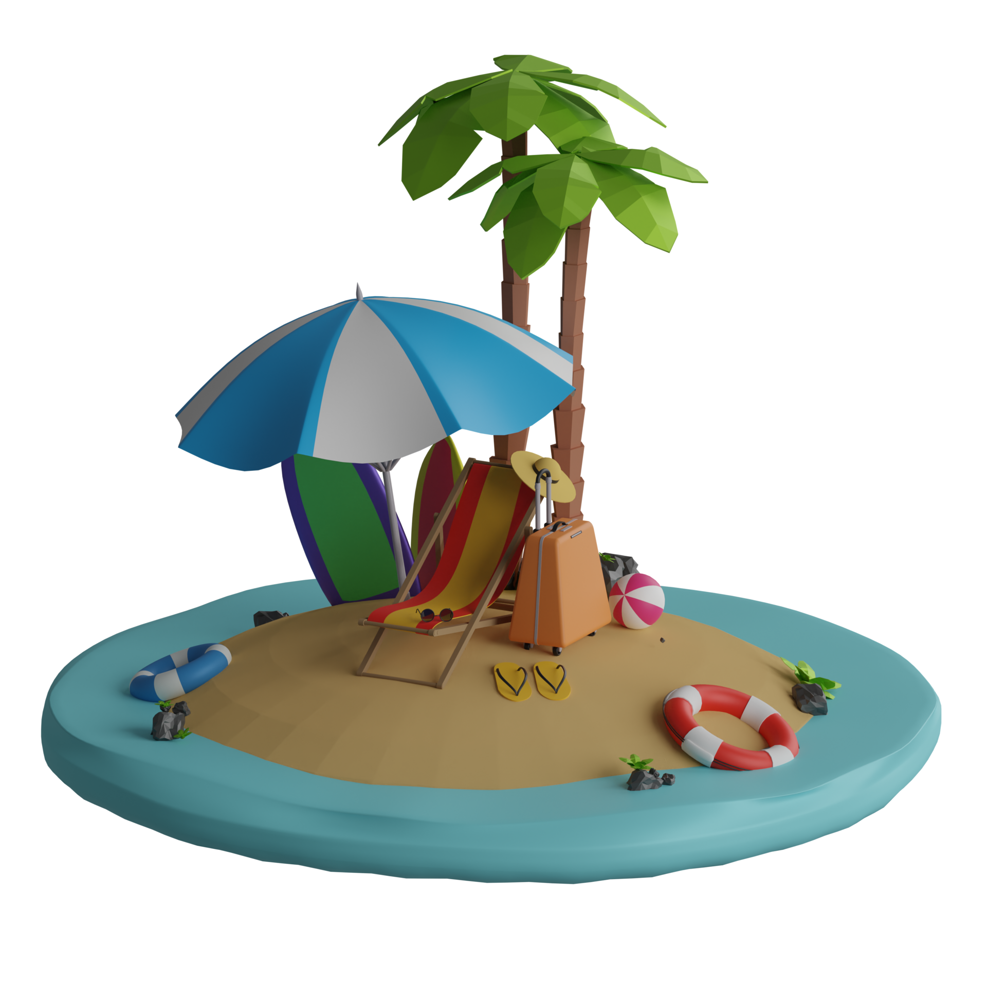 summer vacation beach theme 3d illustration with beach chairs and ball ...