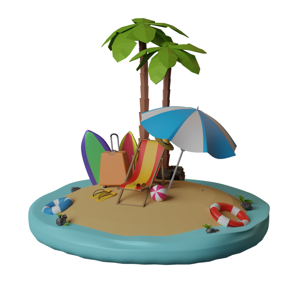 ilustração 3d do tema da praia das férias de verão com cadeiras de praia e bola na ilha arenosa tropical png