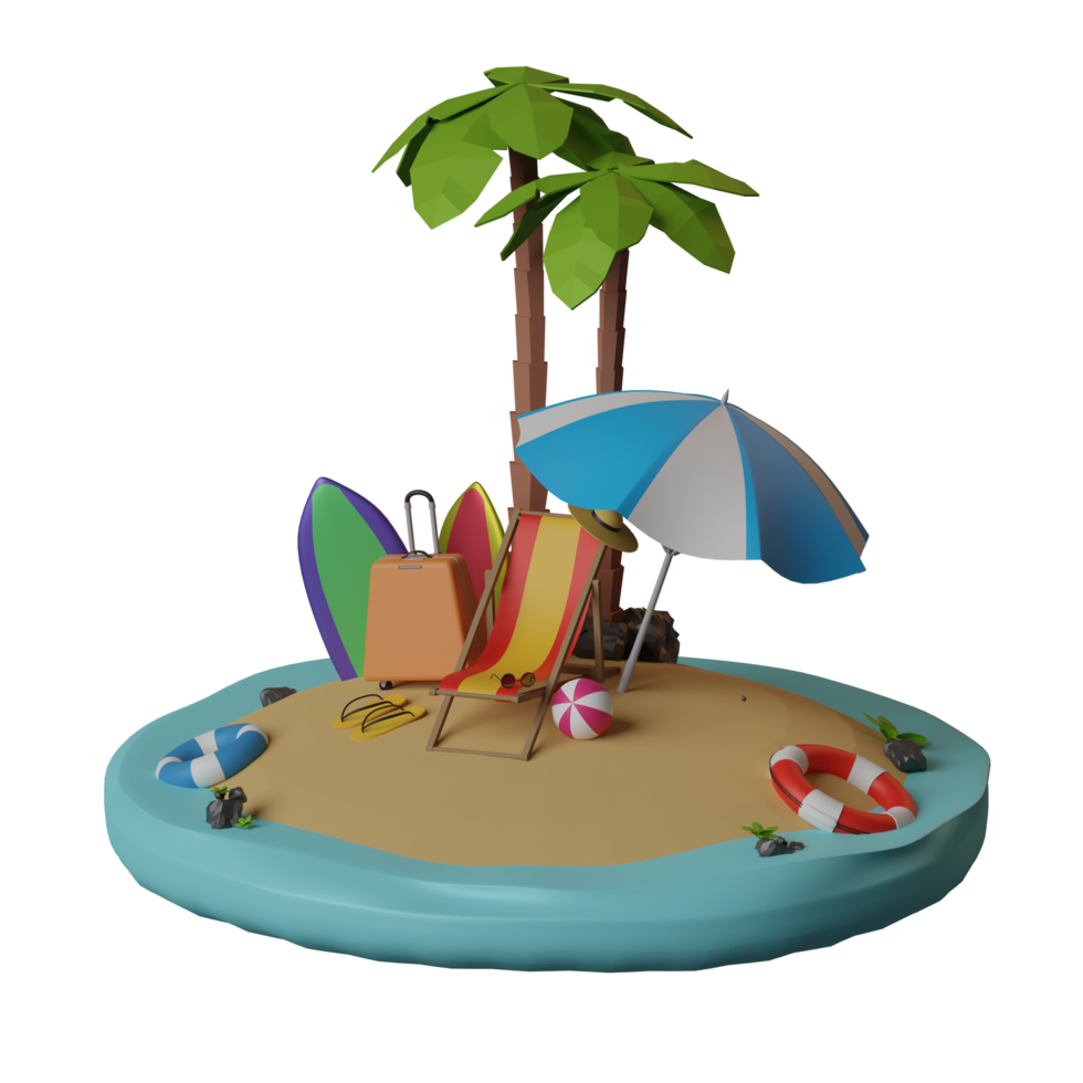 summer vacation beach theme 3d illustration with beach chairs and ball on tropical sandy island png