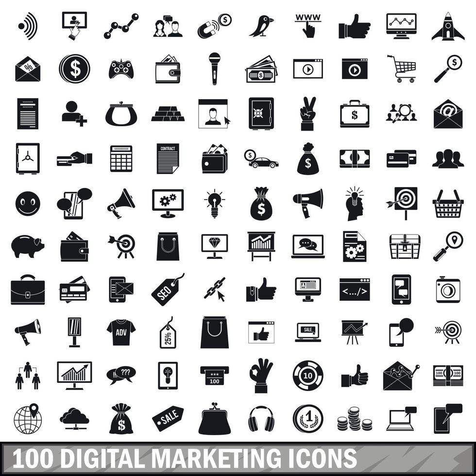 100 digital marketing icons set, simple style vector