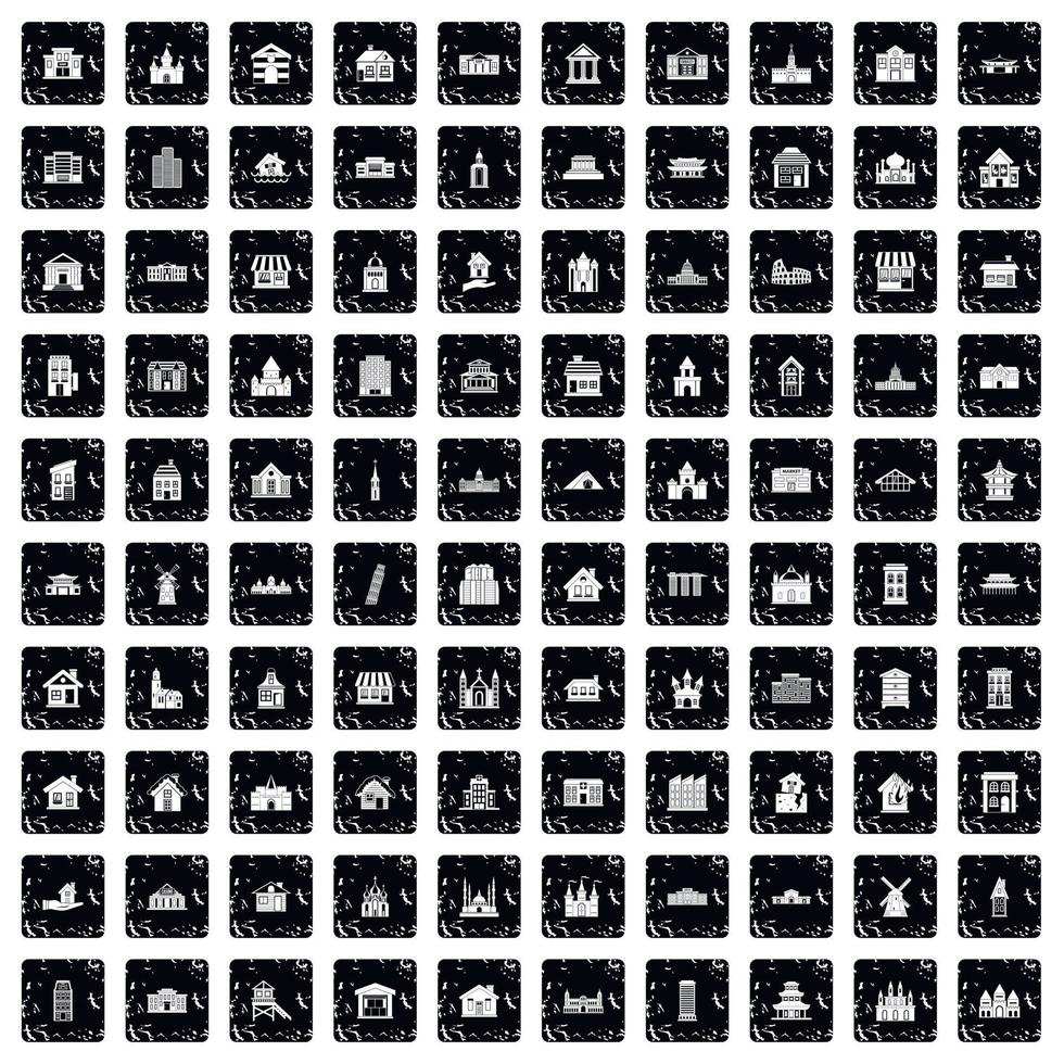 100 building icons set, grunge style vector