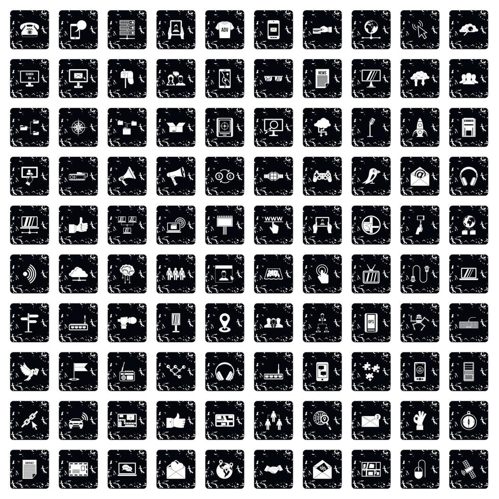 100 communication icons set, grunge style vector