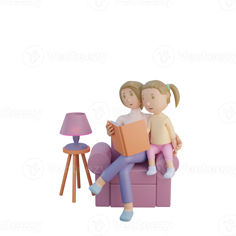 3d render mother and daughter reading book together illustration png