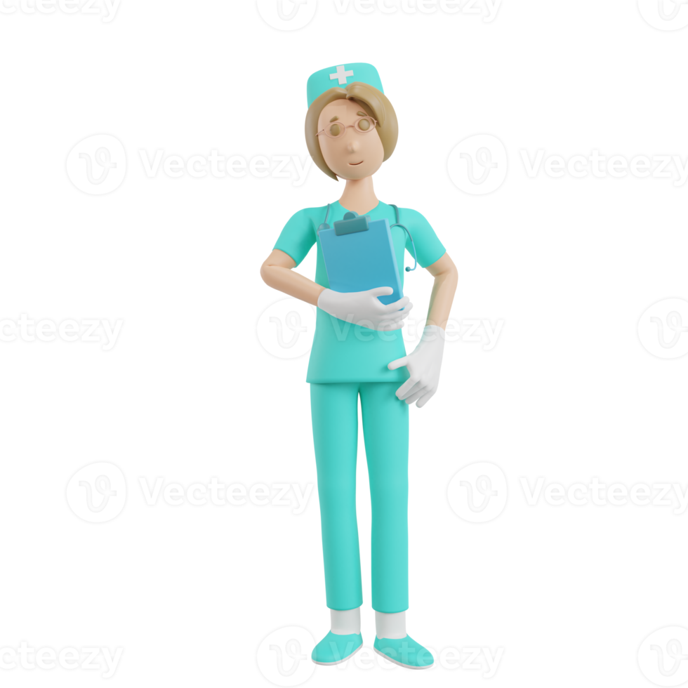 3d render nurse illustration with hold medical report png