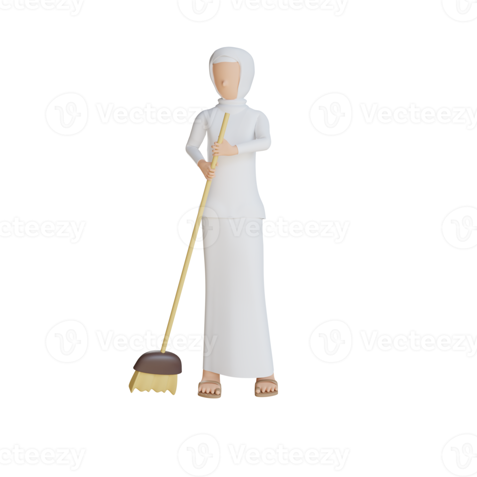 3d woman muslim cleaning up illustration with transparent background png