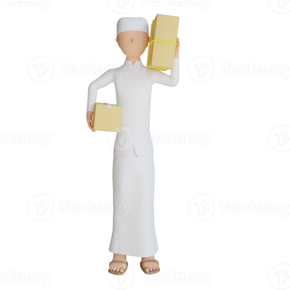 3d man muslim bring package illustration with transparent background png