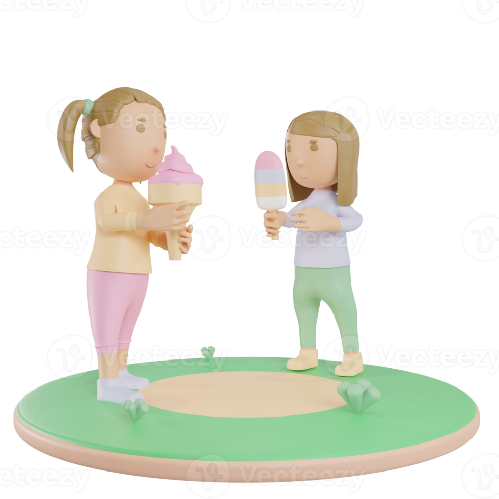 teenage girls eat ice cream illustration 3d render png