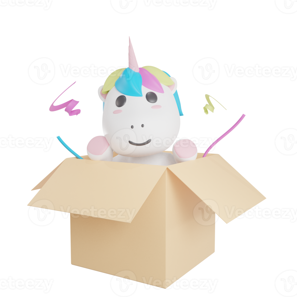 3ds unicorn surprise box illustration with transparent background 3D Render png