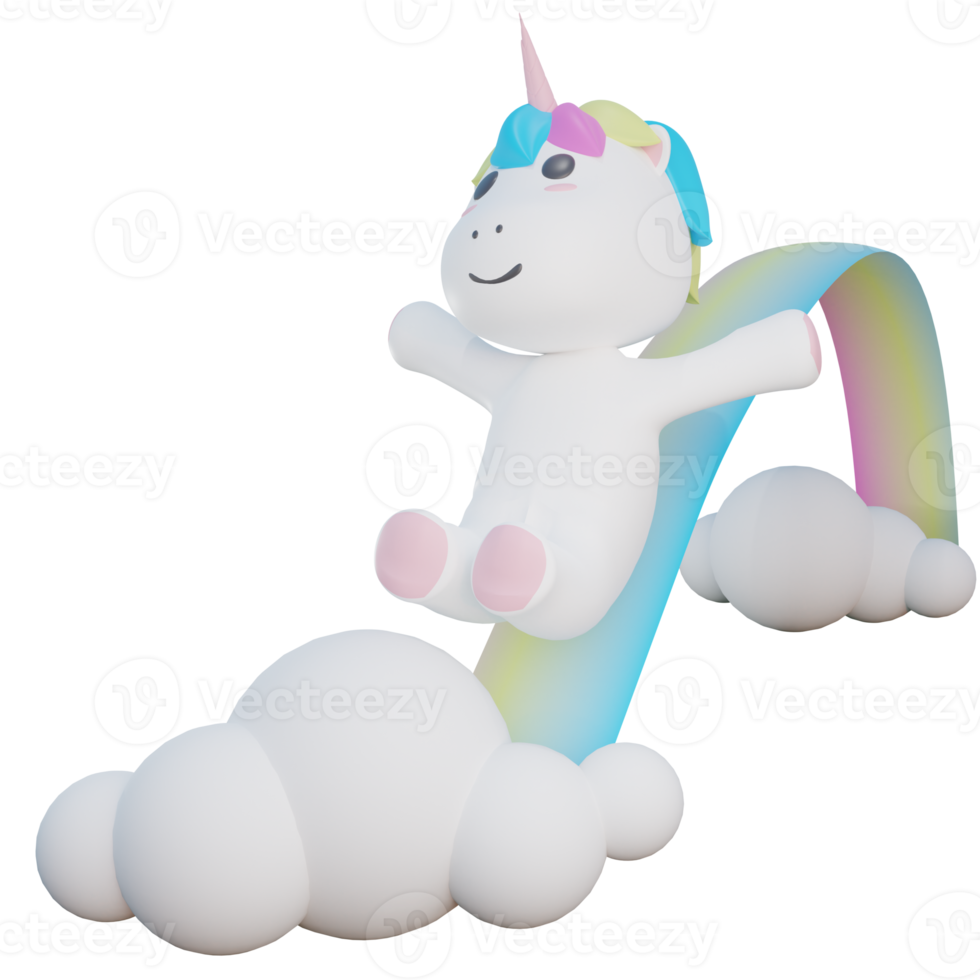 unicorn riding the rainbow illustration with transparent background 3D Render png