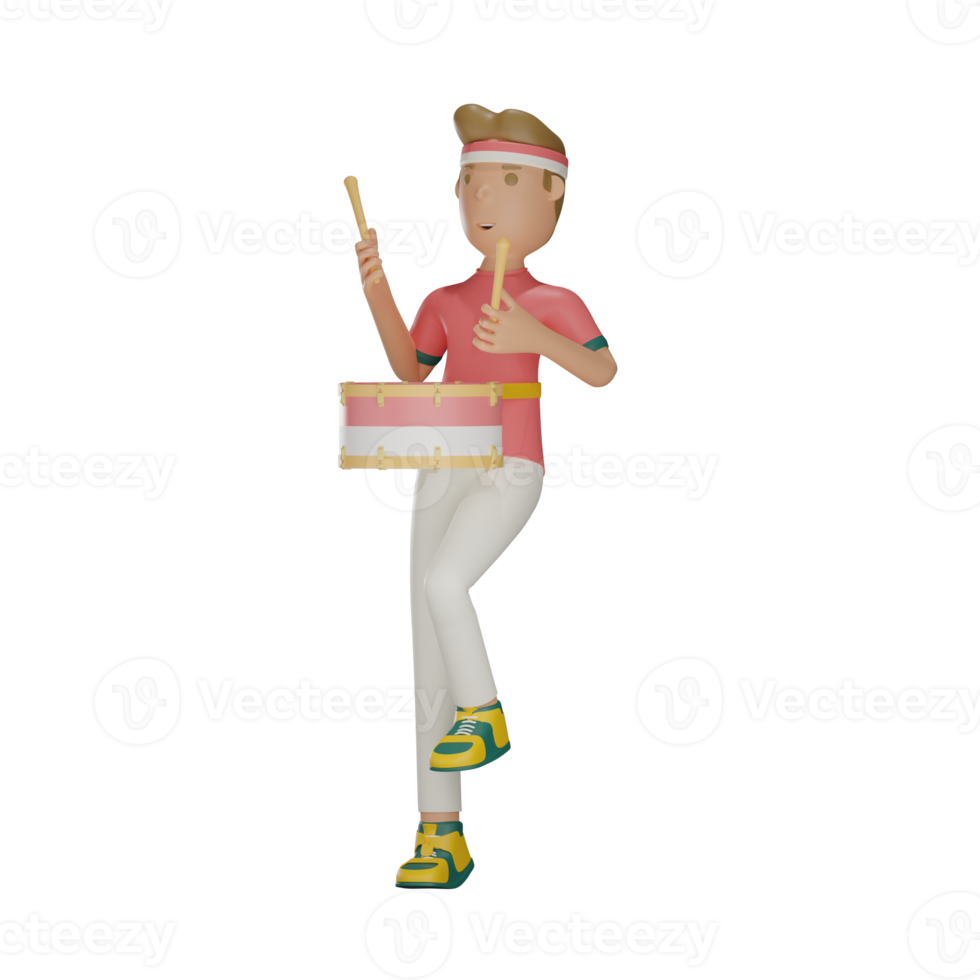 3d Indonesian Independence day character playing drum with transparent background png