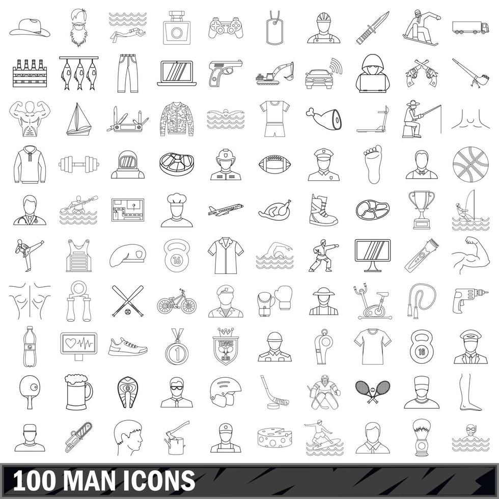 100 man icons set, outline style vector