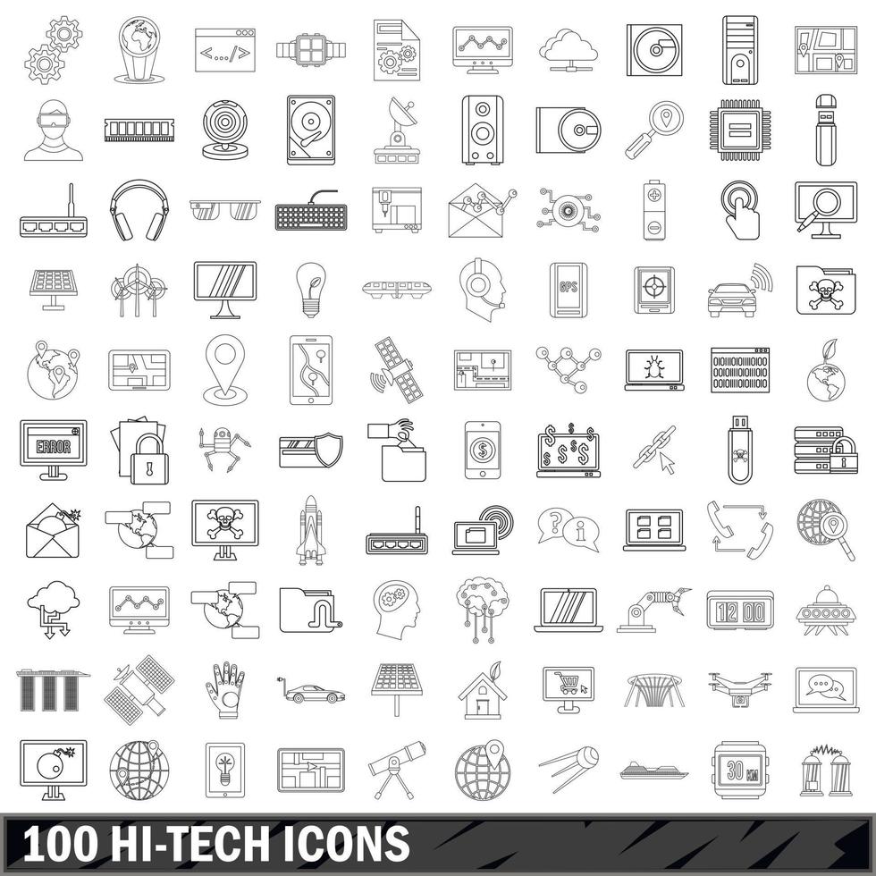 100 hi-tech icons set, outline style vector