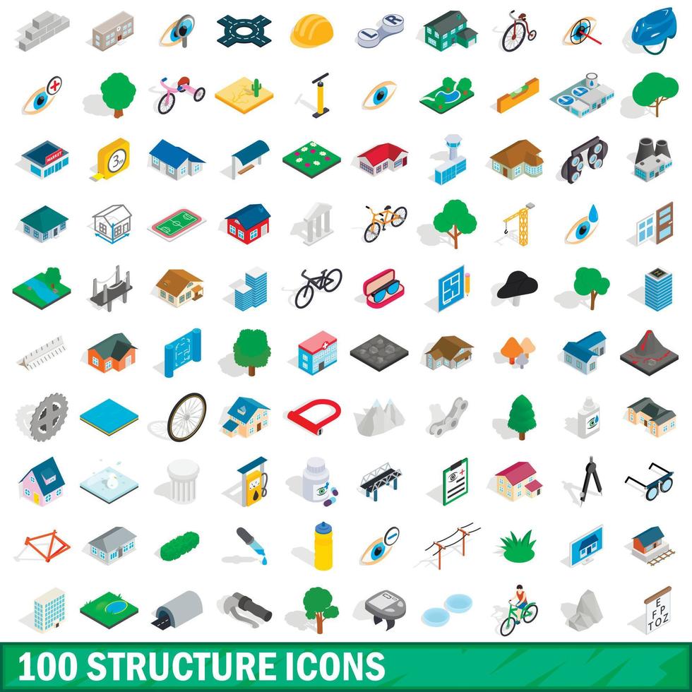 100 structure icons set, isometric 3d style vector