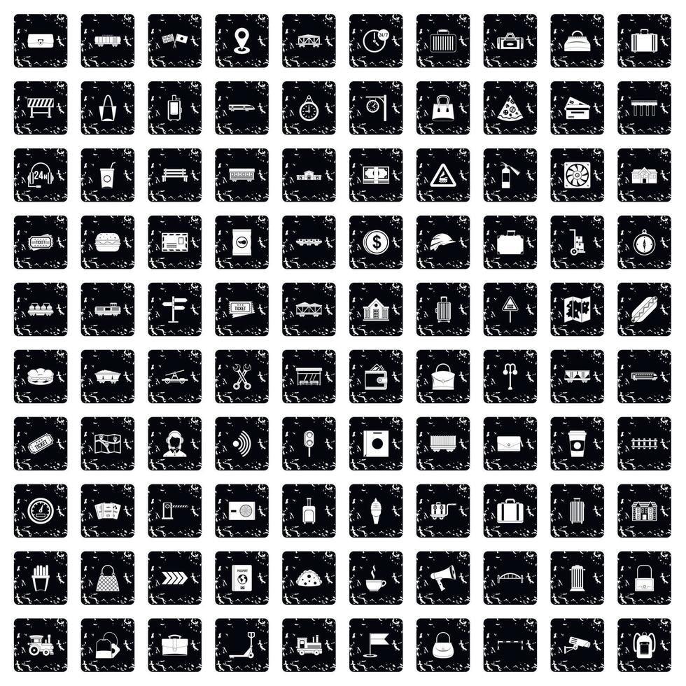 100 railway icons set, grunge style vector