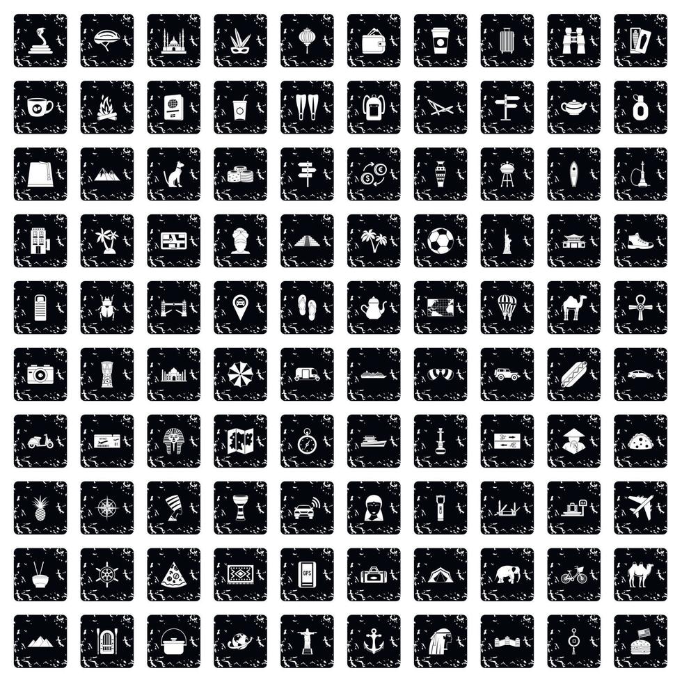 100 tourism icons set, grunge style vector