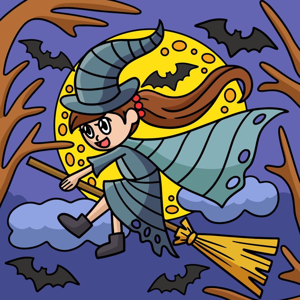 bruja montando en una escoba dibujos animados de colores de halloween vector