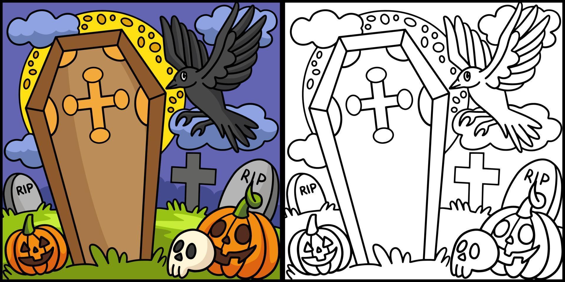 cuervos en un cementerio ilustración coloreada de halloween vector